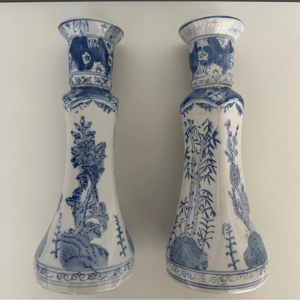 Two Vintage Williams Sonoma Chinoiserie Hand Painted Candle Holders Blue, White